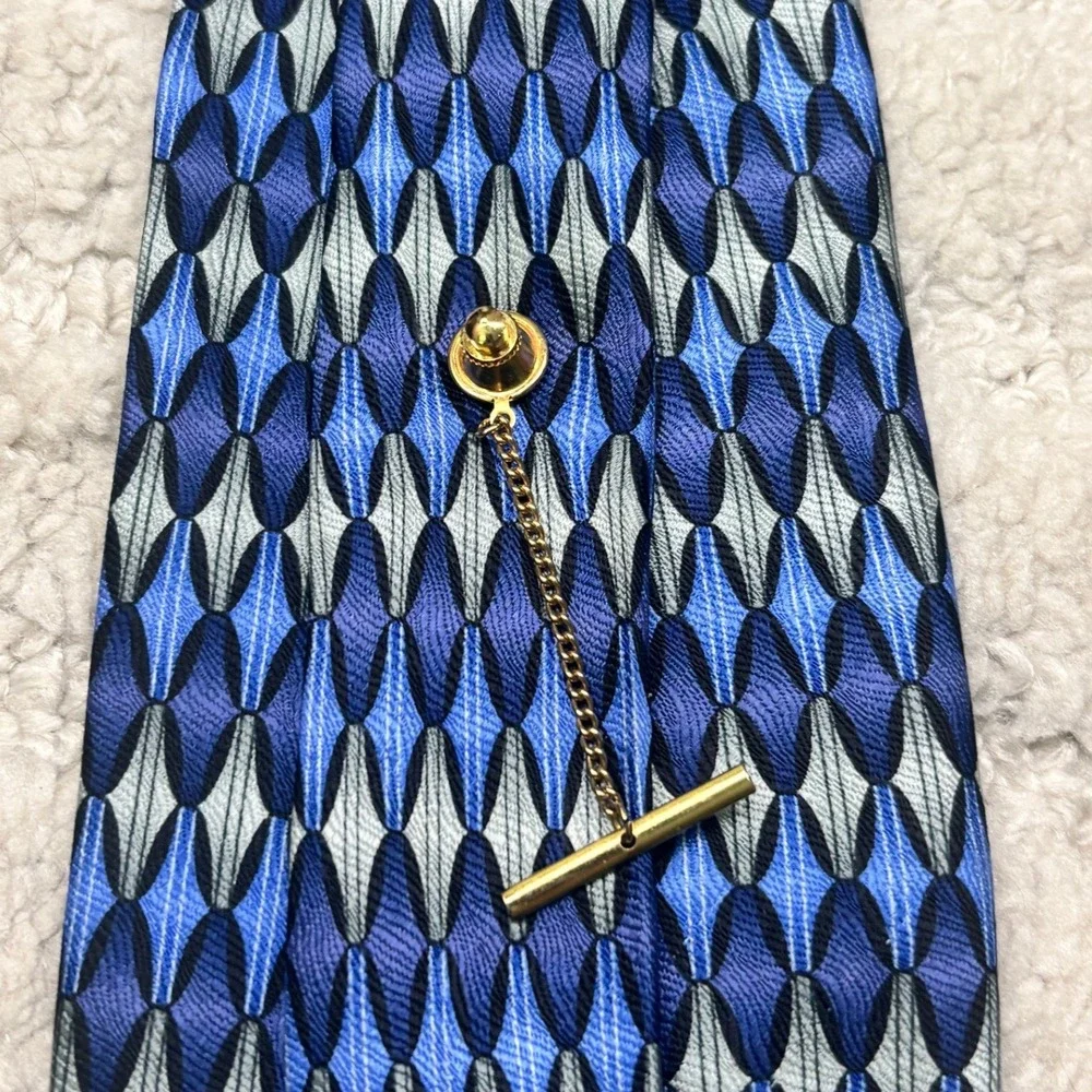 Louis Roth Silk Tie Mens OS Blue Silver‎ Geometric Diamond Hand Made Vintage